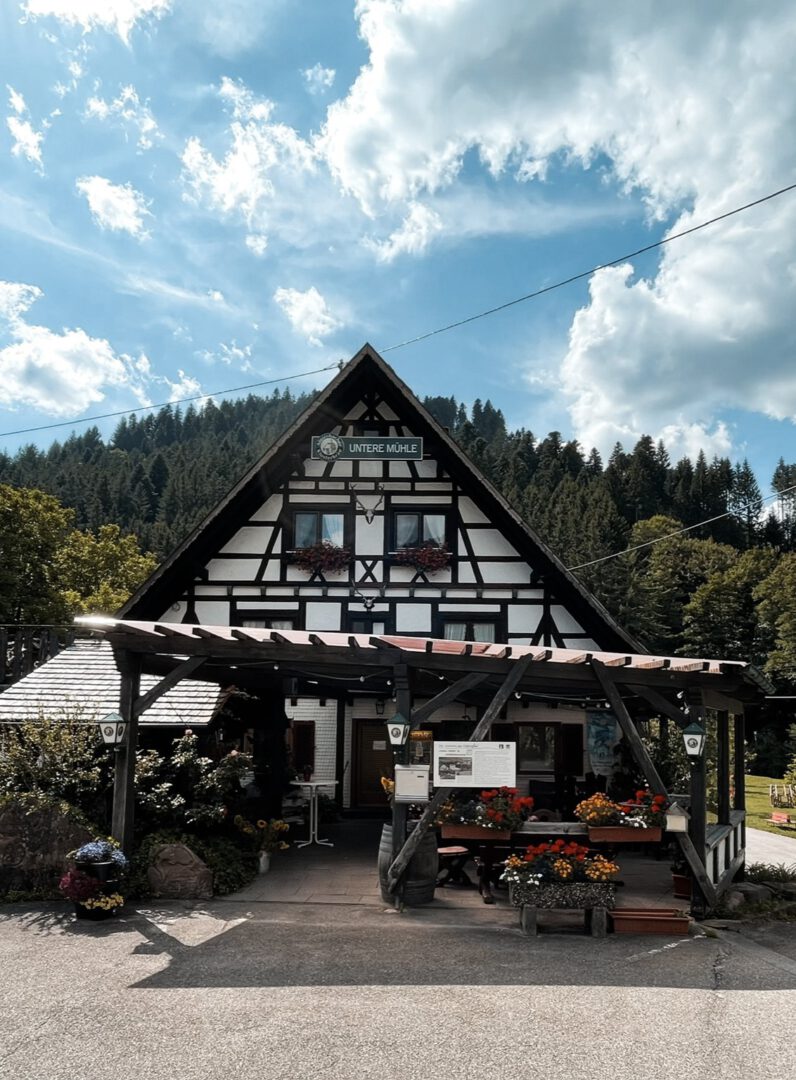 Der Gasthof "Untere Mühle" von vorne. Im Vordergrund die überdachte Terrasse. Blauer Himmel mit weißen Wolken.