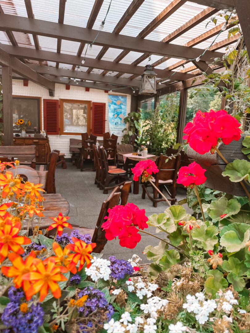Bunte Blumen im Vordergrund, im Hintergrund eine überdachte Terrasse. Dunkle Holzgarnituren.
